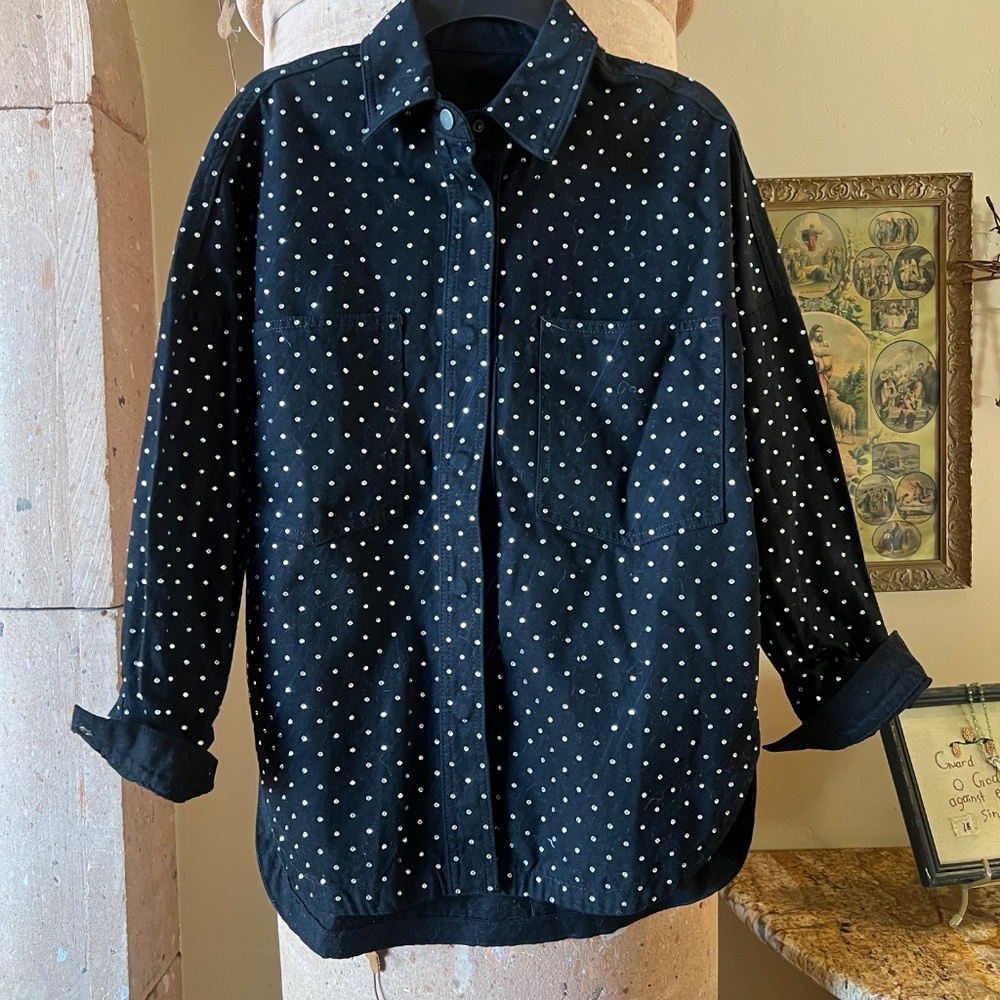 Zara black rhinestone snap up denim oversized shirt size XS - Picture 2 of 8